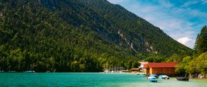 Preview wallpaper boats, coast, sea, forest, hills, houses, nature