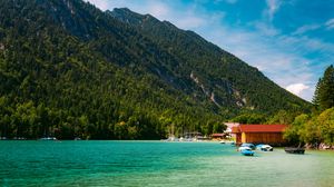 Preview wallpaper boats, coast, sea, forest, hills, houses, nature