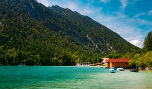 Preview wallpaper boats, coast, sea, forest, hills, houses, nature