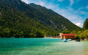 Preview wallpaper boats, coast, sea, forest, hills, houses, nature