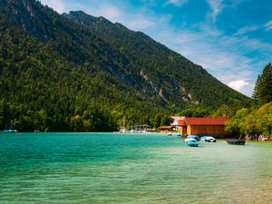 Preview wallpaper boats, coast, sea, forest, hills, houses, nature