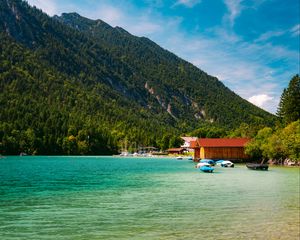 Preview wallpaper boats, coast, sea, forest, hills, houses, nature