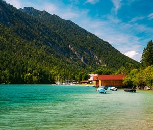 Preview wallpaper boats, coast, sea, forest, hills, houses, nature