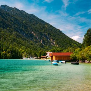 Preview wallpaper boats, coast, sea, forest, hills, houses, nature
