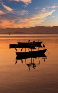 Preview wallpaper boats, cranes, silhouettes, twilight, water