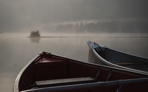 Preview wallpaper boats, fog, river, evening