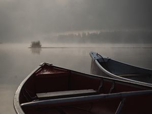 Preview wallpaper boats, fog, river, evening