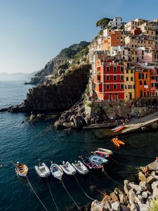 Preview wallpaper boats, houses, rocks, bay, sea