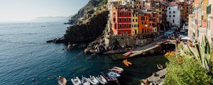 Preview wallpaper boats, houses, rocks, bay, sea