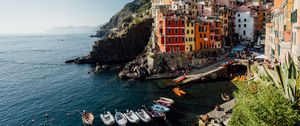 Preview wallpaper boats, houses, rocks, bay, sea