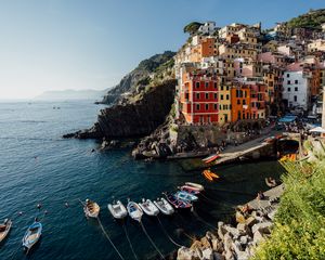 Preview wallpaper boats, houses, rocks, bay, sea