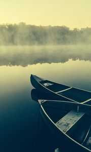 Preview wallpaper boats, lake, fog, water, nature