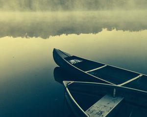 Preview wallpaper boats, lake, fog, water, nature