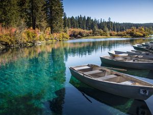 Preview wallpaper boats, lake, forest, trees