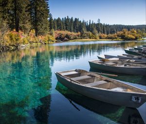 Preview wallpaper boats, lake, forest, trees