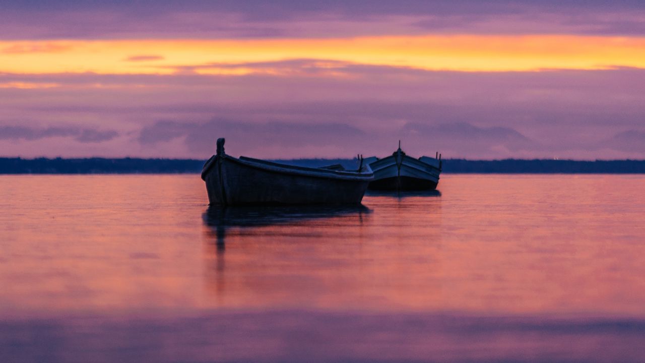 Wallpaper boats, lake, horizon, sunset, dark