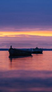 Preview wallpaper boats, lake, horizon, sunset, dark