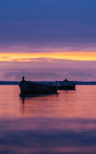 Preview wallpaper boats, lake, horizon, sunset, dark