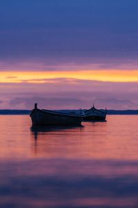 Preview wallpaper boats, lake, horizon, sunset, dark