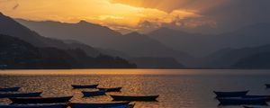 Preview wallpaper boats, lake, mountains, bay, sunset