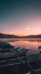 Preview wallpaper boats, lake, reflection, trees, sunset