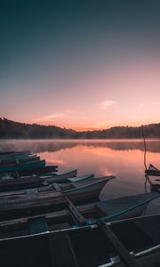 Preview wallpaper boats, lake, reflection, trees, sunset