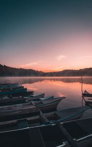 Preview wallpaper boats, lake, reflection, trees, sunset