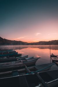 Preview wallpaper boats, lake, reflection, trees, sunset