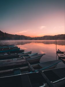 Preview wallpaper boats, lake, reflection, trees, sunset