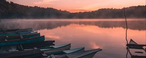 Preview wallpaper boats, lake, reflection, trees, sunset