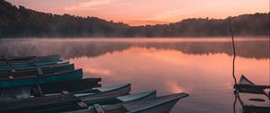 Preview wallpaper boats, lake, reflection, trees, sunset