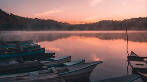 Preview wallpaper boats, lake, reflection, trees, sunset