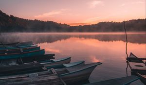 Preview wallpaper boats, lake, reflection, trees, sunset