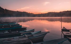 Preview wallpaper boats, lake, reflection, trees, sunset