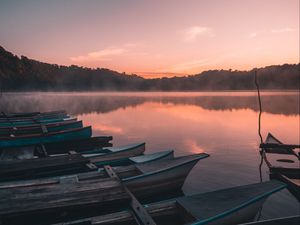 Preview wallpaper boats, lake, reflection, trees, sunset