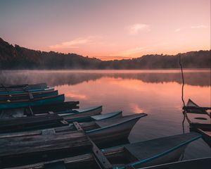 Preview wallpaper boats, lake, reflection, trees, sunset