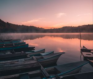 Preview wallpaper boats, lake, reflection, trees, sunset