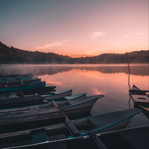 Preview wallpaper boats, lake, reflection, trees, sunset