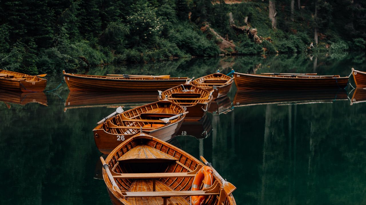 Wallpaper boats, lake, water, forest, trees