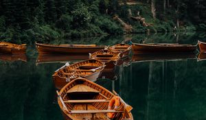 Preview wallpaper boats, lake, water, forest, trees