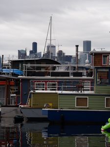 Preview wallpaper boats, mast, buildings, pier