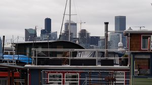 Preview wallpaper boats, mast, buildings, pier