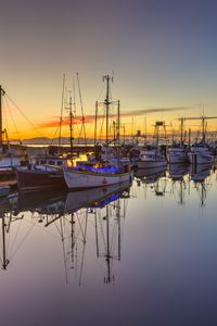 Preview wallpaper boats, masts, lake, reflection, sunrise