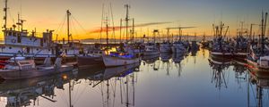 Preview wallpaper boats, masts, lake, reflection, sunrise