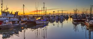 Preview wallpaper boats, masts, lake, reflection, sunrise