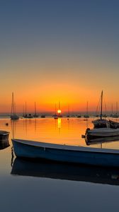 Preview wallpaper boats, masts, lake, sunset, horizon