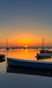 Preview wallpaper boats, masts, lake, sunset, horizon