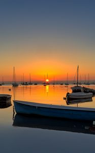 Preview wallpaper boats, masts, lake, sunset, horizon