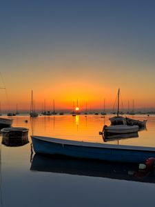 Preview wallpaper boats, masts, lake, sunset, horizon