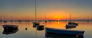 Preview wallpaper boats, masts, lake, sunset, horizon